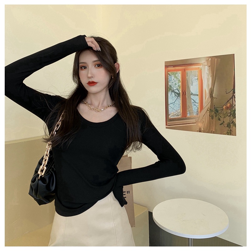 SUXI Áo Croptop Tay Dài Cổ Chữ V Màu Sắc Đơn Giản Cho Nữ