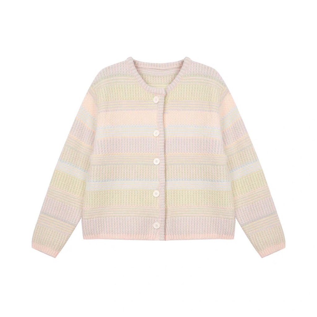Áo Khoác Cardigan Dệt Kim Dáng Rộng Họa Tiết Kẻ Sọc Màu Sắc Cầu Vồng Xinh Xắn Thời Trang Mùa Đông Cho Nữ