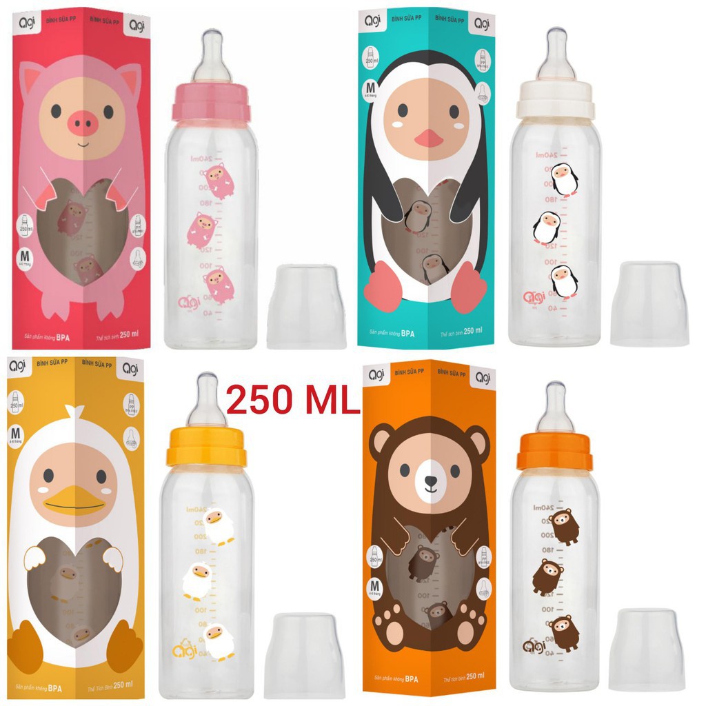 (MẪU MỚI) Bình Sữa cổ hẹp PP không có BPA thiết kế van chống sặc chống đầy hơi AGI Premium 250ML