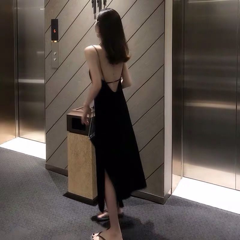 Đầm Dài Hai Dây Màu Đen Quyến Rũ Thời Trang Mùa Hè Cho Nữ