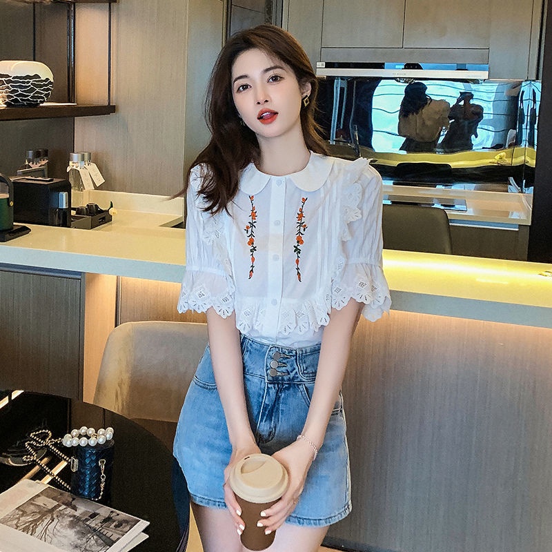 Áo Kiểu Tay Phồng Ngắn Phối Ren Thêu Họa Tiết Thời Trang Mùa Hè Cho Nữ