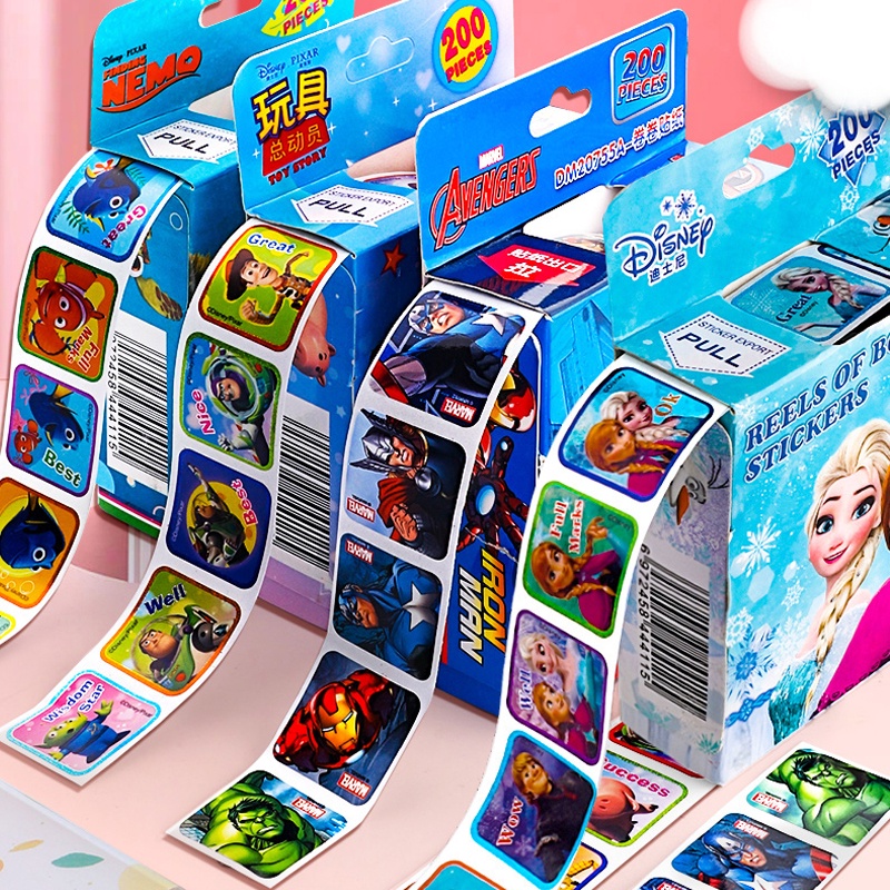 Cuộn 200 Sticker Khen Thưởng Cho Bé - Bộ Sưu Tập Hình Dán Siêu Nhân Spiderman Công Chúa Elsa Bé Cực Thích