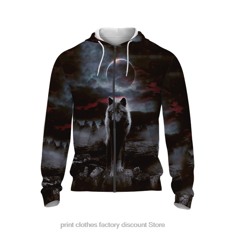 Áo Khoác Hoodie Tay Dài Có Khóa Kéo In Hình Sói 3D Phong Cách Harajuku Cho Nam