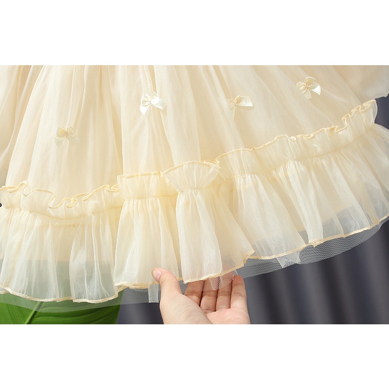 Đầm Tay Phồng Cổ Đính Ngọc Trai Nhân Tạo Thời Trang Mùa Thu Cho Bé Gái E2