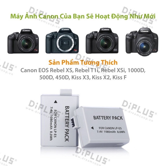 Pin máy ảnh Canon LP-E5 dành cho máy ảnh Canon EOS Rebel XS Rebel T1i Rebel XSi 1000D 500D, 450D X3 Kiss X2 Kiss F LPE5