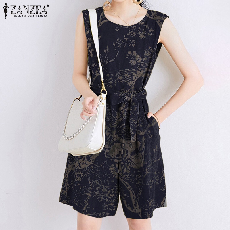 Áo liền quần ZANZEA sát nách dáng rộng có túi in họa tiết phong cách vintage thời trang dành cho nữ