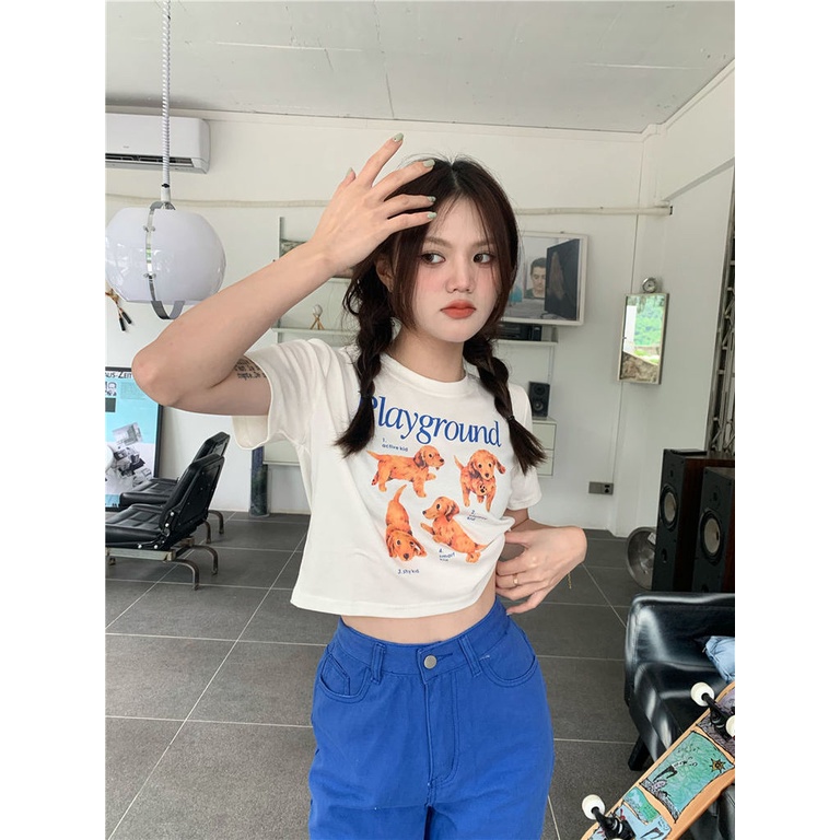 Áo Thun Nữ Tay Ngắn In Hình Chó Dễ Thương