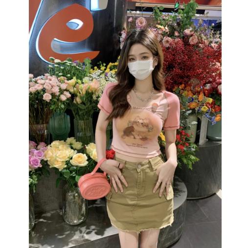 Jiashucheng Áo Thun Ngắn Tay Xẻ Tà Họa Tiết Kẻ Sọc Eo Cao Ôm Dáng Thiết Kế Mới Cho Nữ