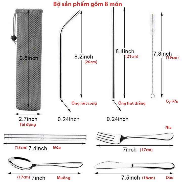 Bộ thìa muỗng nĩa ống hút J8