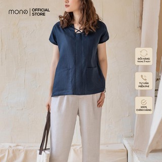 Áo kiểu nữ vai chờm màu navy vải linen thiết kế MONO