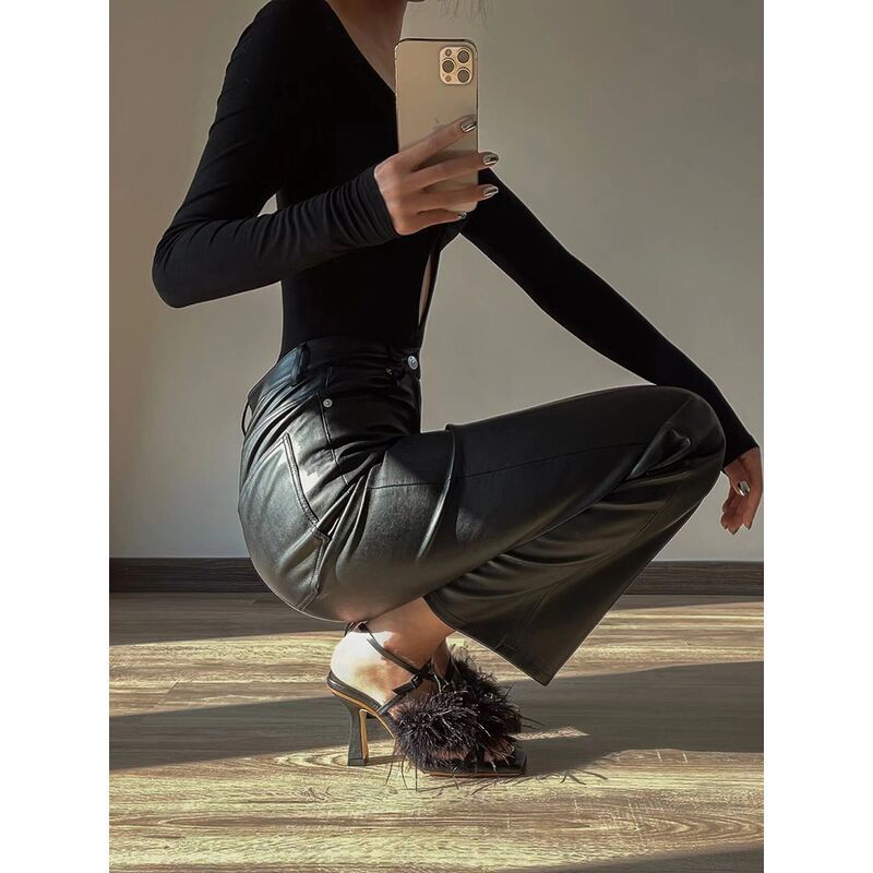 Xăng đan Đế Bằng Quai Ngang Đính Lông Vũ Màu Đen Thời Trang Âu Mỹ 2022 Cho Nữ