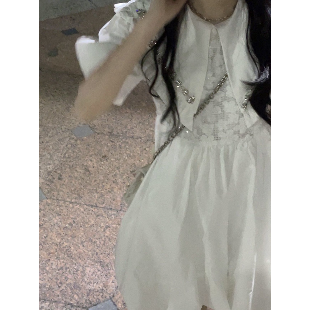 Retro pure desire wind tea break skirt with diamond doll collar romantic dress first love summer waist sweet bubble slee