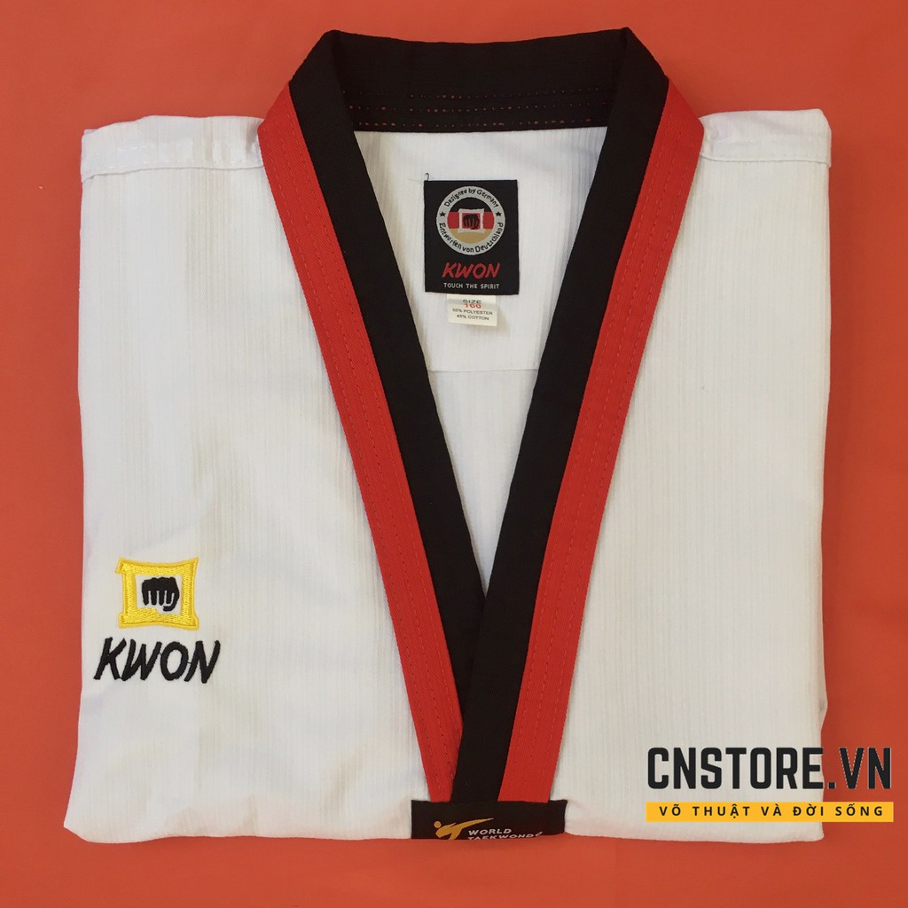 Quần Áo Võ - Võ Phục Taekwondo Cổ Đỏ Đen Vải Sọc Kwon Dày Dặn Bền Chắc