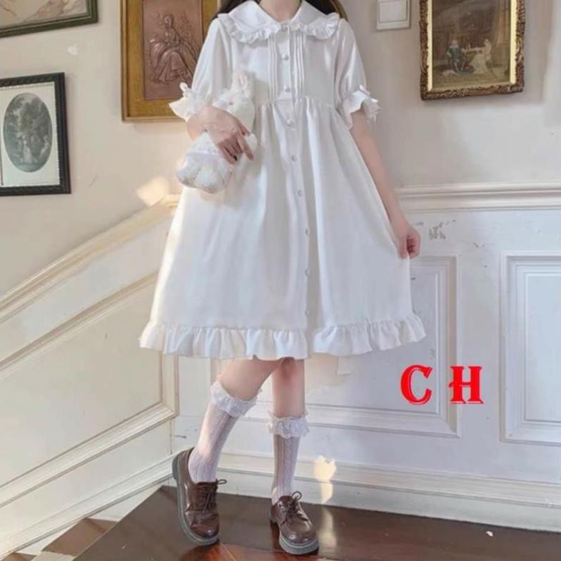 (HÀNG SẴN) VÁY BABY DOLL TRẮNG PHONG CÁCH LOLITA CỔ BẺ NƠ TAY🎎 VÁY CÔNG CHÚA DỰ TIỆC SIÊU XINH  ĐẦM DÁNG DÀI