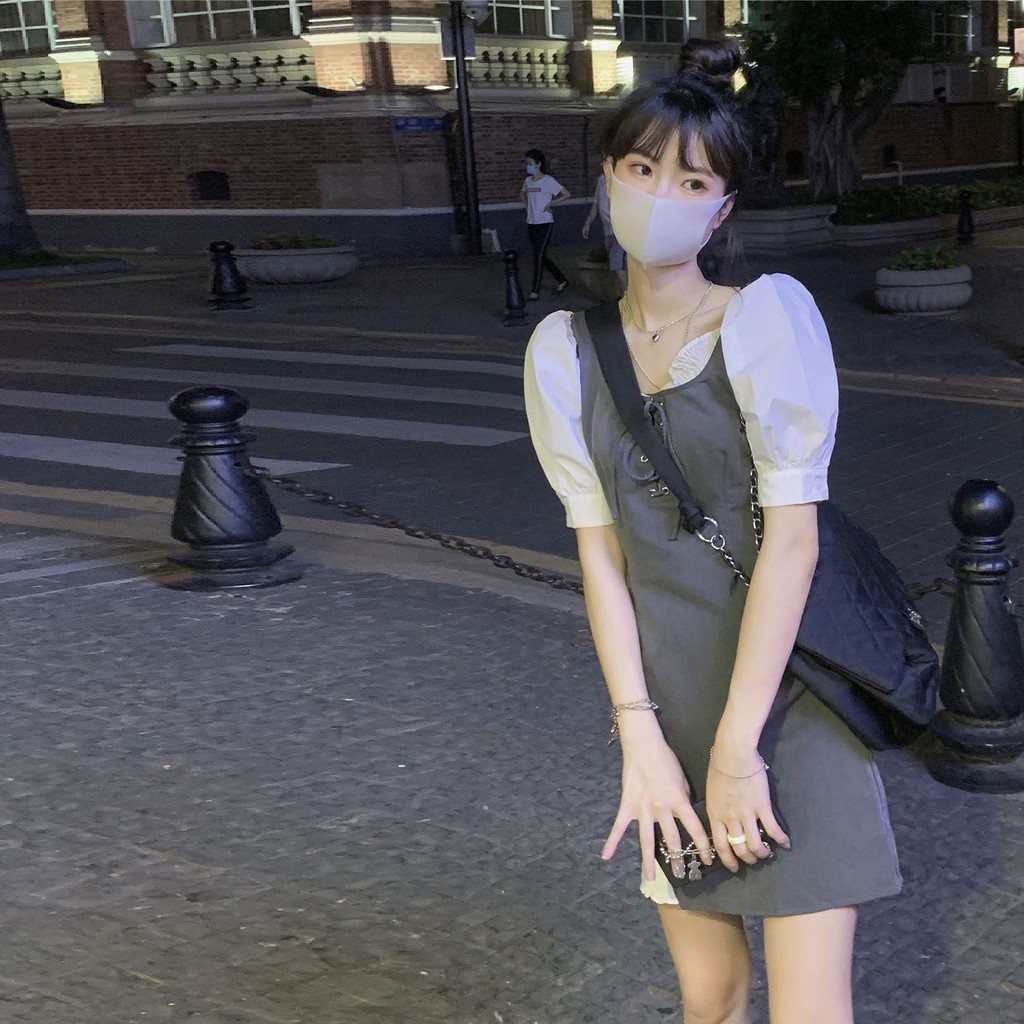 Đầm sơ mi nữ cổ vuông phối tay áo siêu xinh