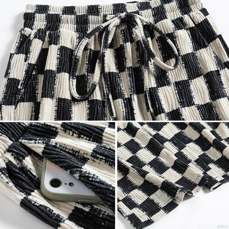 Quần dài ống rộng họa tiết kẻ ca rô trẻ trung cho nữ