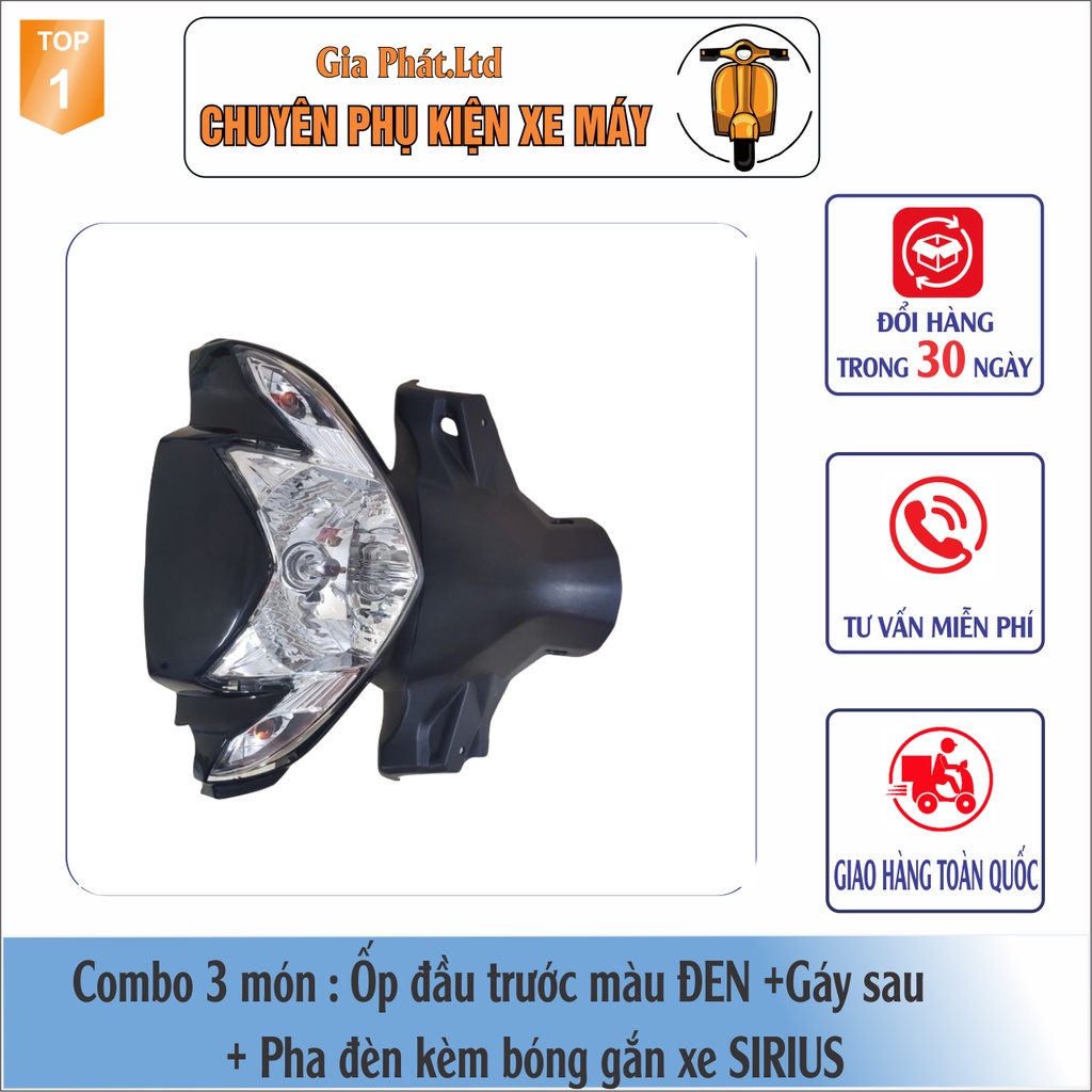 Bộ ốp đầu màu ĐEN gắn xe SIRIUS đầy đủ Ốp đầu trước, Gáy sau và Pha đèn kèm bóng