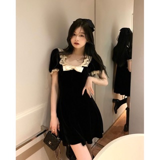 Đầm Nhung Ngắn Tay Phối Ren Thắt Nơ Đáng Yêu Ngọt Ngào Cho Nữ