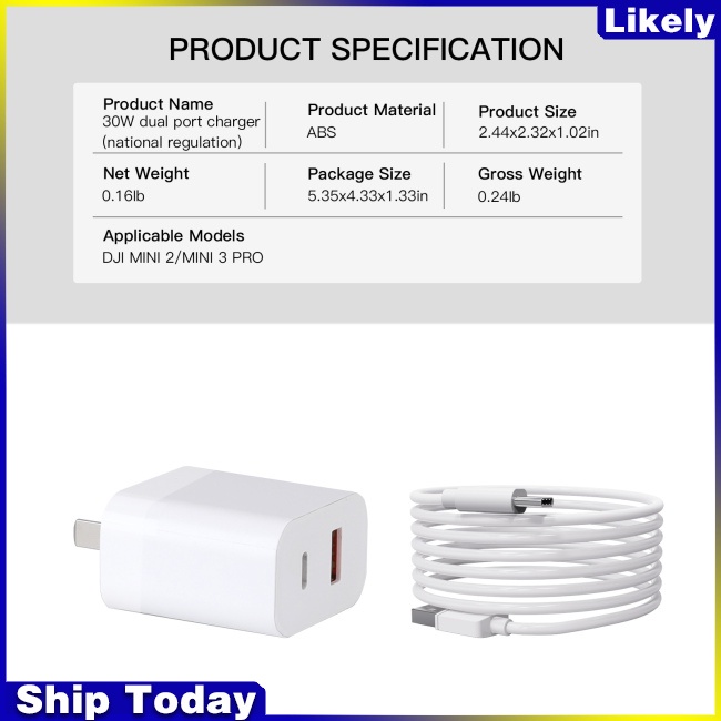 Đầu Sạc Nhanh Qc3.0 Usb Pd Kép 30w Cho Dji Mini 2 / 3pro UAV