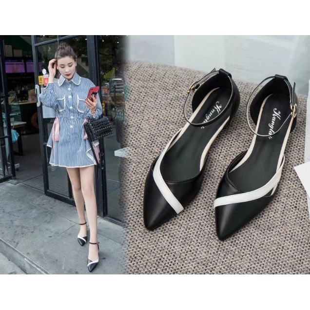 D214- giày bệt nữ mũi nhọn, sandals bít mũi đế thấp phong cách Hàn Quốc