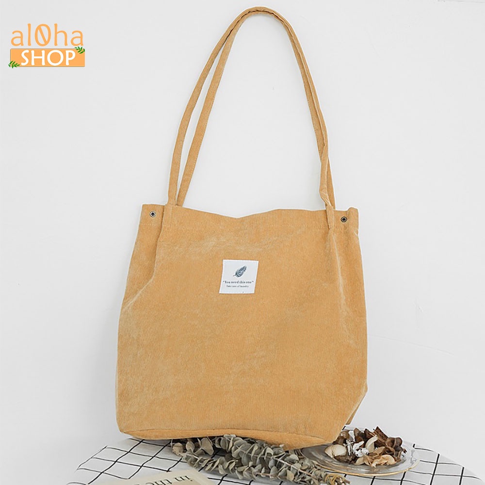 Túi tote đeo vai vải bố canvas trơn T014 nữ logo hình lá đựng đồ đi học, đi chơi mềm đẹp - al0ha Shop