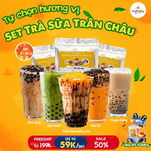 Set nguyên liệu trà sữa 5 vị, set dùng thử (Set 8-10ly) Vaobep365