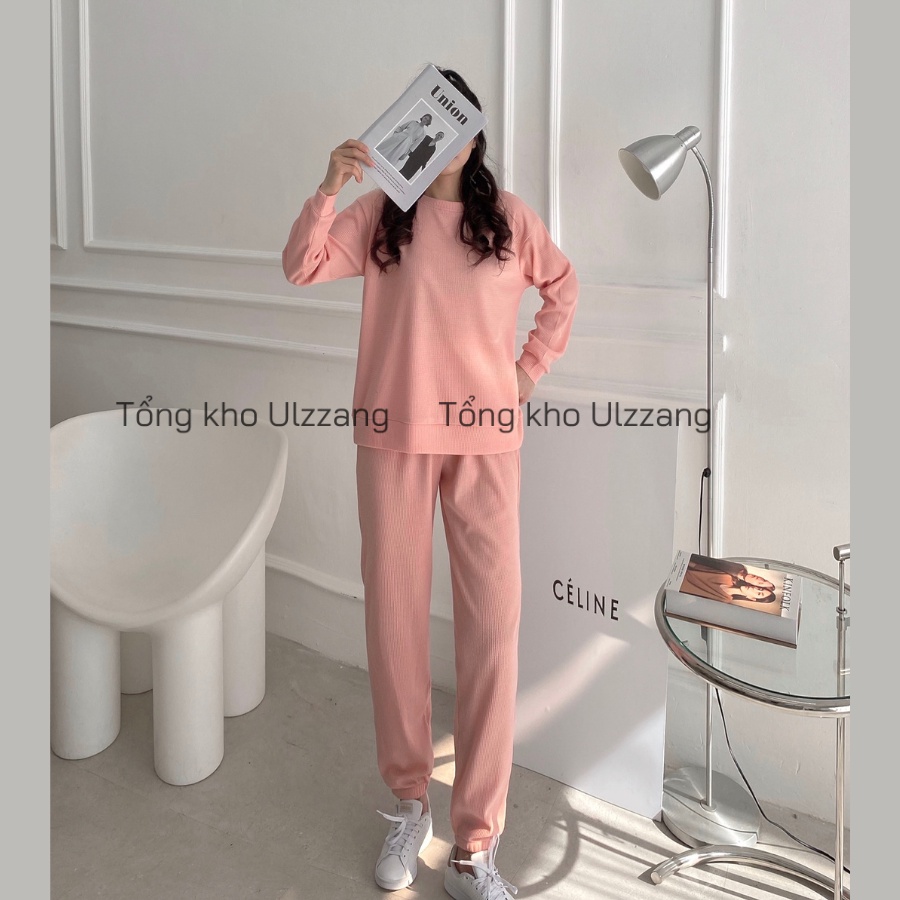 Set Bộ Nỉ Hạt Gạo Áo Sweater Phối Quần Bomber Bo Gấu Phong Cách Thể Thao