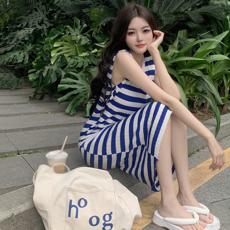 Đầm Dệt Kim Sát Nách Cổ Tròn Họa Tiết Kẻ Sọc Thời Trang Mùa Hè Cho Nữ