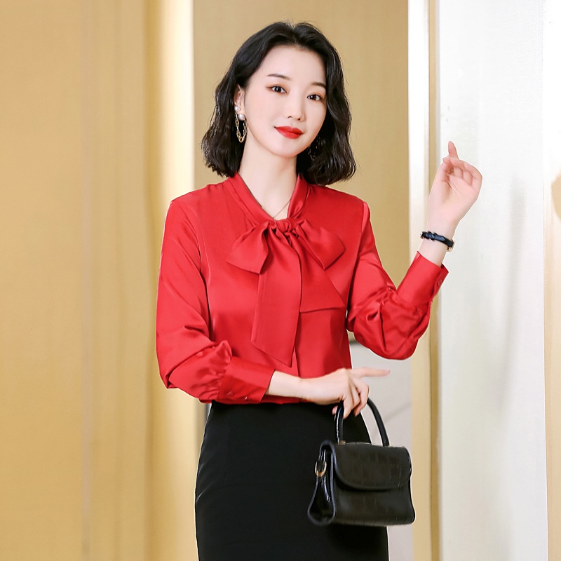 Áo Sơ Mi Kiểu Công Sở Đẹp CHIPY Tay Dài Cổ Thắt Nơ Màu Đỏ Chất Lụa Cao Cấp From Rộng Hàn Quốc Ulzzang Vintage A1D | BigBuy360 - bigbuy360.vn