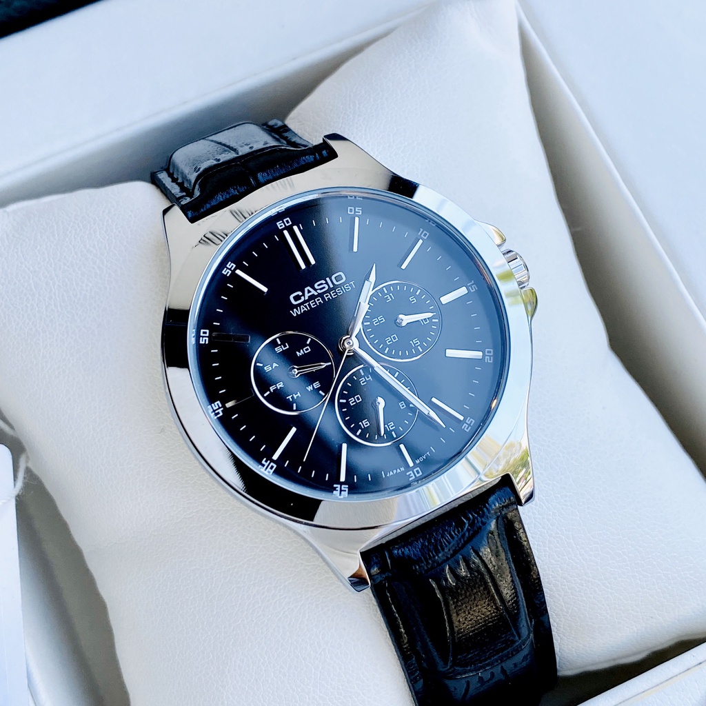 Đồng hồ nam dây da Casio MTP V300L-1AV mặt đen 6 kim chống nước 5ATM Bảo hành 1 năm Hyma watch