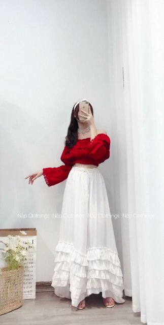 Sét áo váy boho đỏ/ sét áo maxi trễ vai chân váy xòe boho đi biển | BigBuy360 - bigbuy360.vn