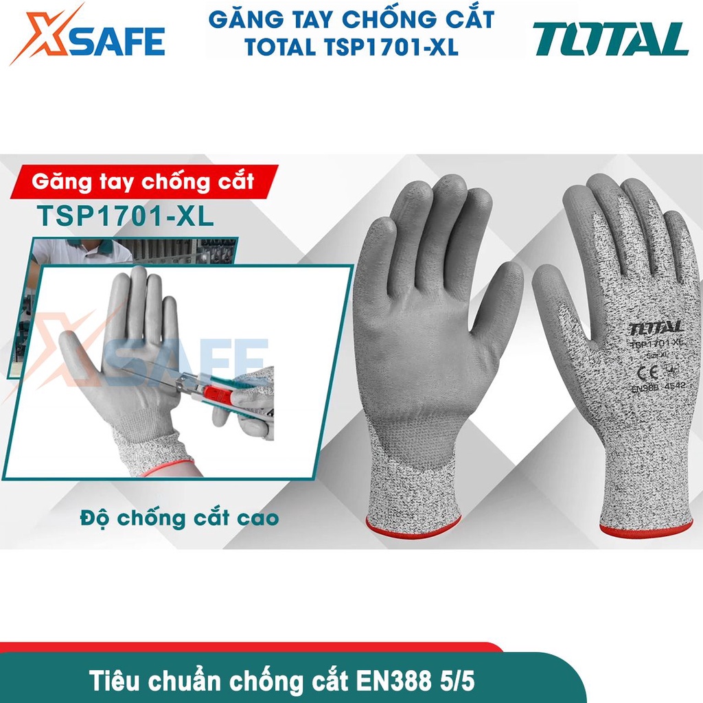 Găng tay bảo hộ lao động TOTAL TSP1701 size XL tiêu chuẩn EN388:4542, bảo vệ an toàn, tăng độ bám - chính hãng