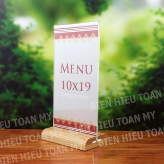 Kệ mica để bàn - Standee để bàn bằng mica + đế gỗ (KT 10cm x 19cm)