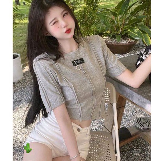 Áo thun croptop kiểu viền nổi tay ngắn thêu logo (B.C)
