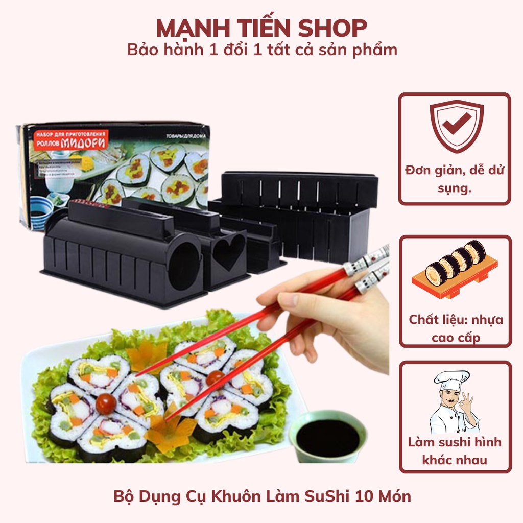 Bộ khuôn làm sushi kimbap, cơm cuộn, trứng cuộn 10 món , Tặng kèm dụng cụ làm sushi bằng gỗ - DTM Store