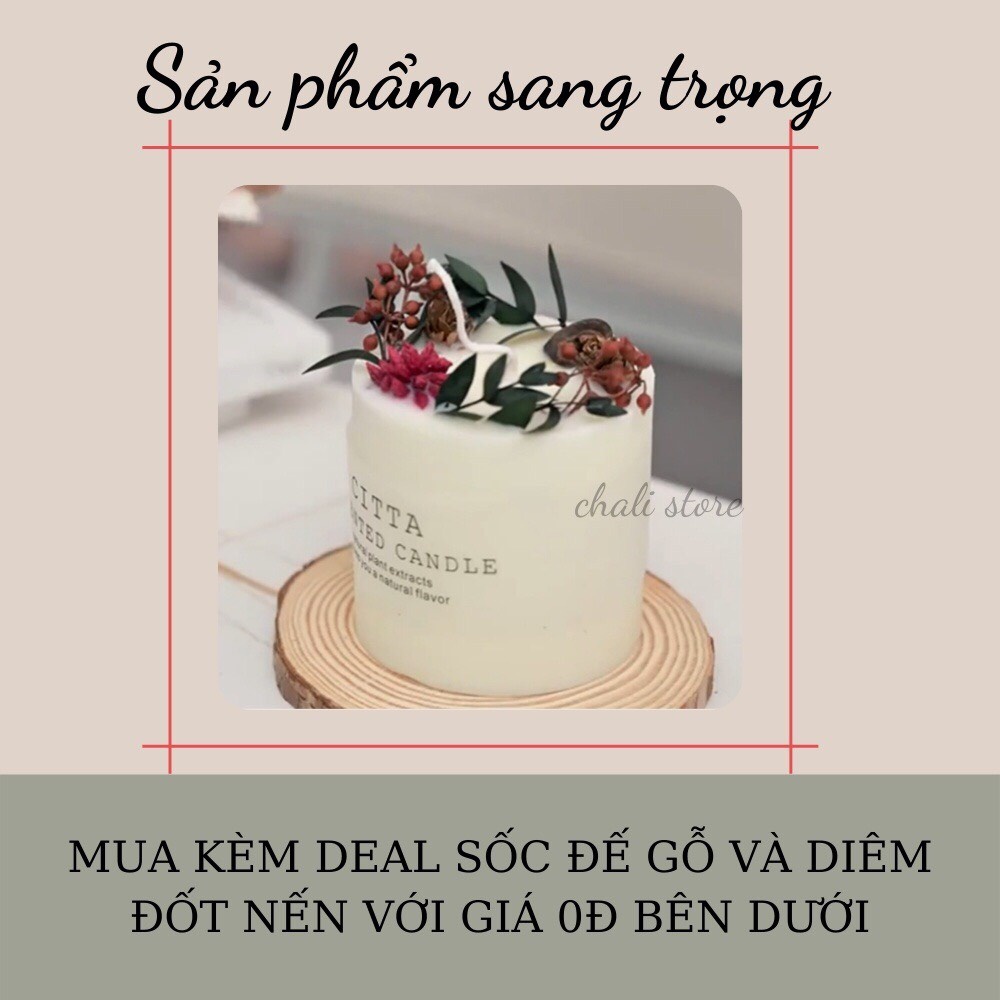Nến thơm phòng hoa khô tự nhiên sáp đậu nành an toàn không khói tăng kèm đế gỗ
