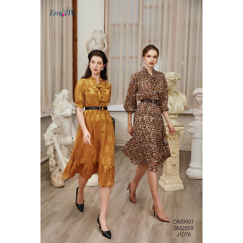 Đầm dáng xòe, cổ bèo, chun eo, đai tháo rời Emspo DM3901 (Vàng, Đen)