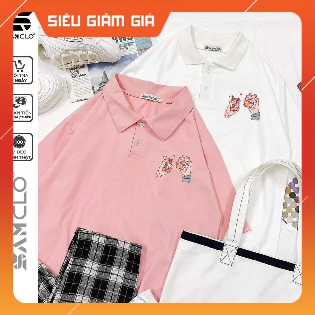 Áo thun Polo nữ tay lỡ form rộng SAM CLO phông freesize unisex mặc đi học, nhóm, lớp in hình HAI HỘP SỮA