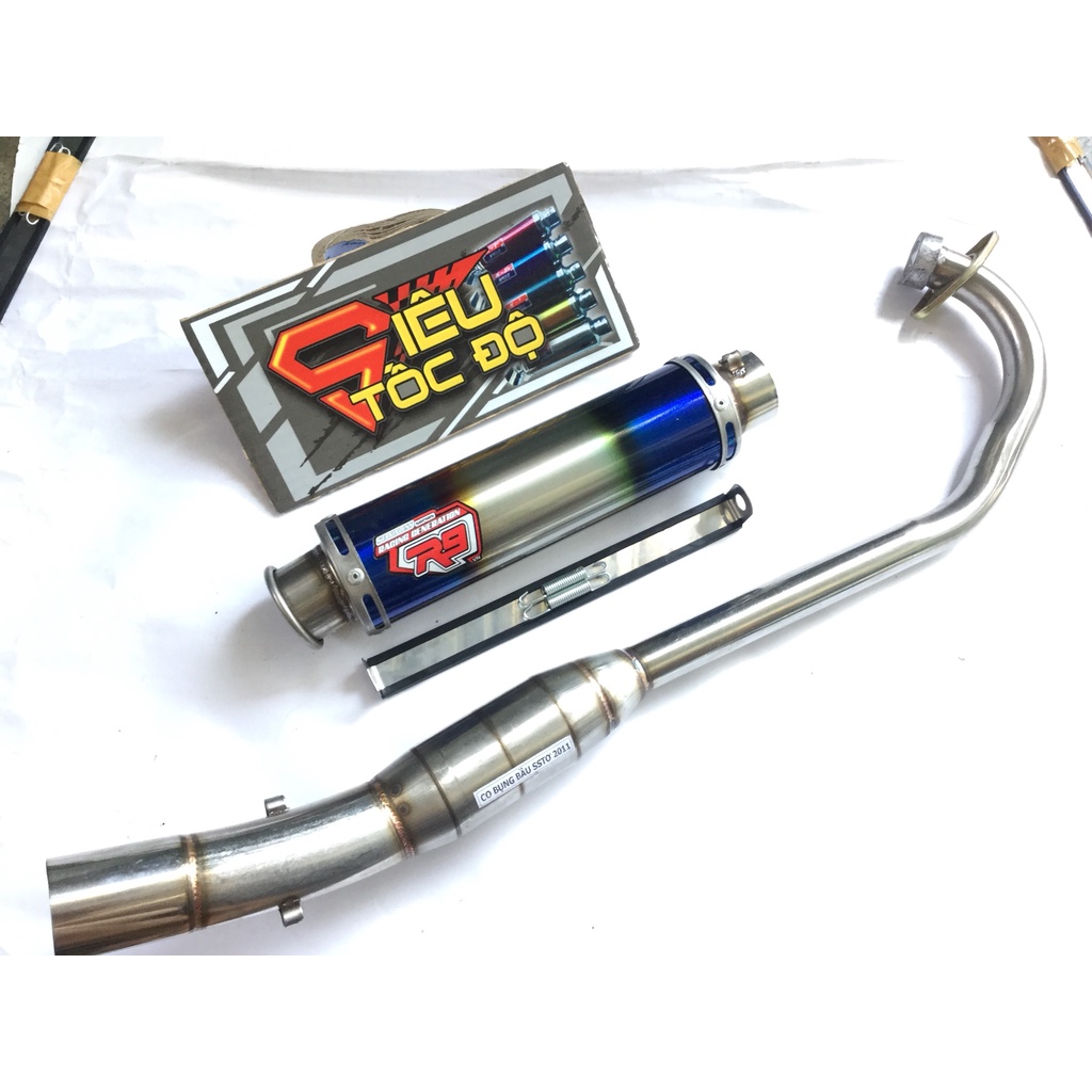 Pô r9 mugello titan cổ bầu hơi INOX độ bô nổ cho Raider, Exciter, Winner, SONIC, SATRIA, GSX, TFX, R15, FZ, CBR