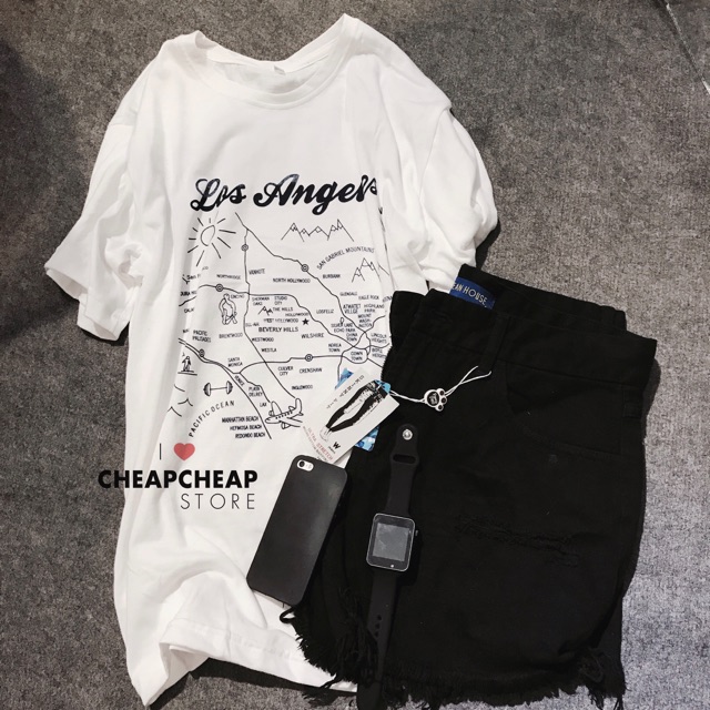 ÁO THUN LOS ANGELES - QUẦN SHORTS RÁCH