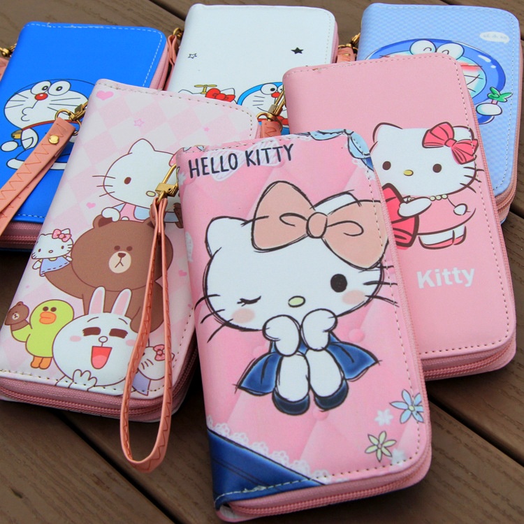 Ví Da PU Dài Cầm Tay Có Khóa Kéo In Hoạt Hình Doraemon / Gấu Hello Kitty Cho Bé