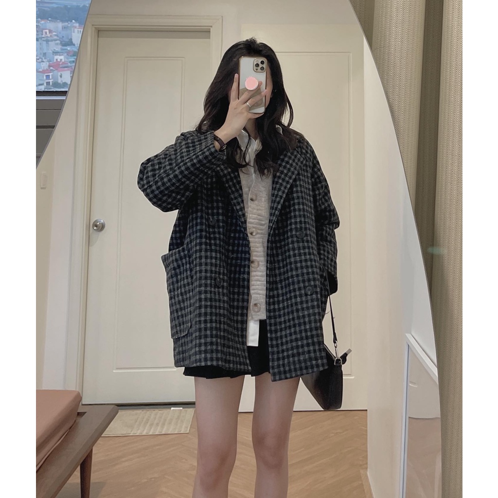 (Ảnh thật) Audrey Khoác dạ kẻ nhỏ lót chần bông 624