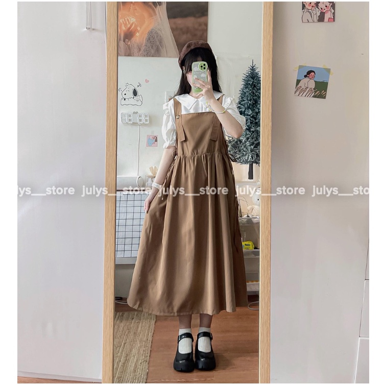 Set yếm váy ulzzang rút eo kèm áo sơ mi tay bồng chuzme