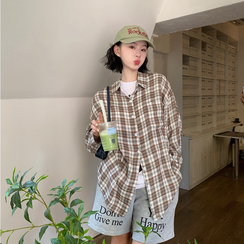 SUXI Áo Sơ Mi Tay Dài Dáng Rộng Họa Tiết Kẻ Sọc Phong Cách Hàn Quốc Thời Trang Mùa Hè Cho Nữ