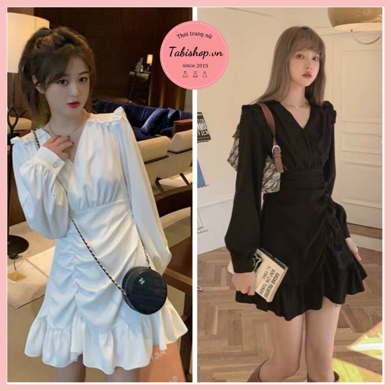 Đầm dự tiệc dáng xòe đẹp, đuôi cá nhún xinh yêu 2 màu đen trắng vải kate mềm mịn | BigBuy360 - bigbuy360.vn