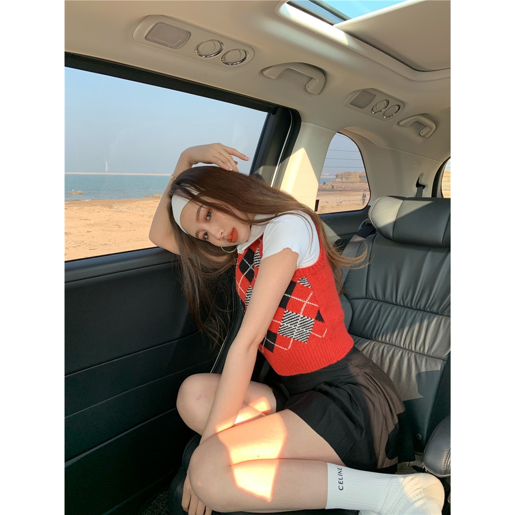 Cocory vn Áo không tay cổ chữ V kẻ sọc caro thời trang vintage cho nữ | BigBuy360 - bigbuy360.vn