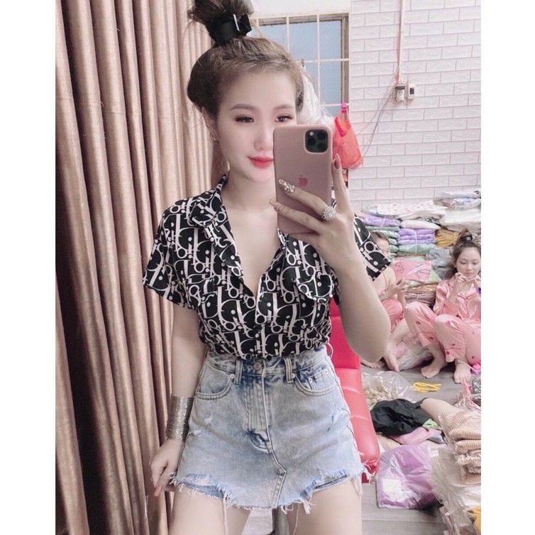 Áo sơ mi tay ngắn họa tiết chất vải kate