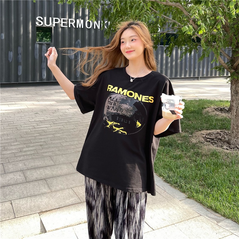 Áo Thun Tay Ngắn Cổ Tròn In Họa Tiết Phong Cách Retro Hàn Quốc