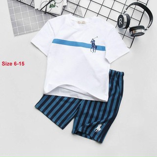 Bộ thun Bé Trai Nexxi áo thun cotton 4c in hình polo kết hợp quần sọc vải da cá size từ (20-49kg )
