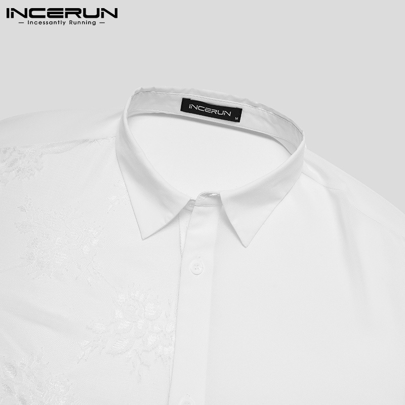 Áo Sơ Mi Incerun Tay Dài Chắp Vải Xuyên Thấu Thêu Họa Tiết Thời Trang Cho Nam